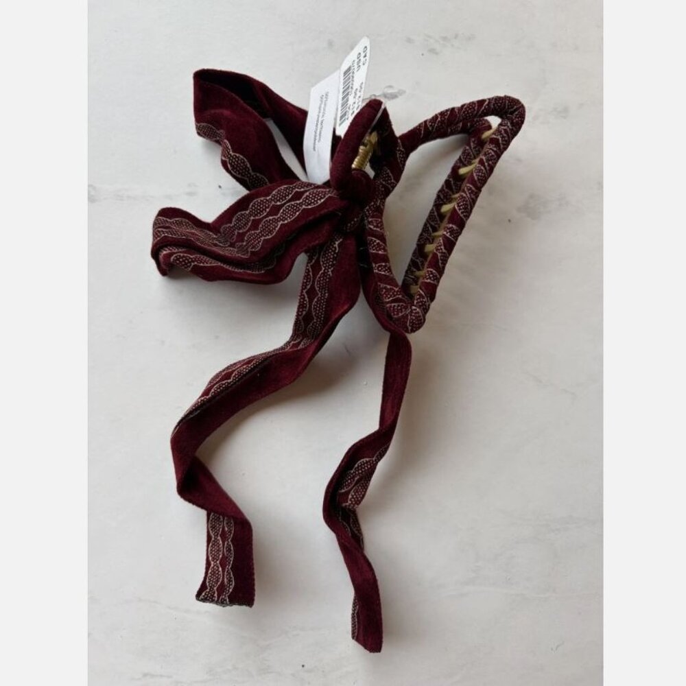 NWT Anthropologie Velvet Bow Hair Claw Clip Wine